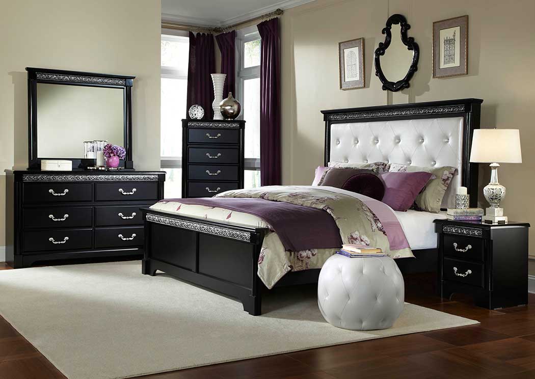 Venetian Black King Panel Bed w/ Dresser and Mirror,Standard