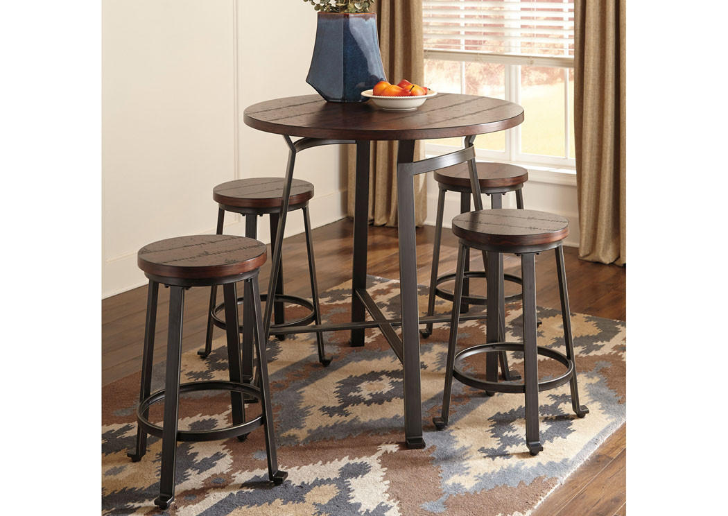 Challiman Rustic Brown Round Counter Table w/ 4 Stools,Ashley