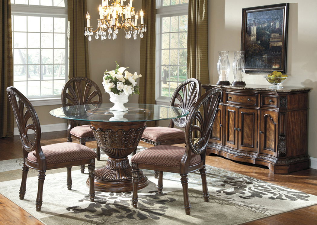 Ledelle Round Glass Top Pedestal Table w/ 4 Side Chairs,Ashley