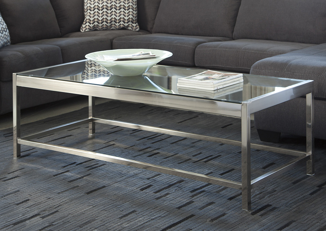 Jonies Brushed Nickel Finish Rectangular Cocktail Table,Ashley
