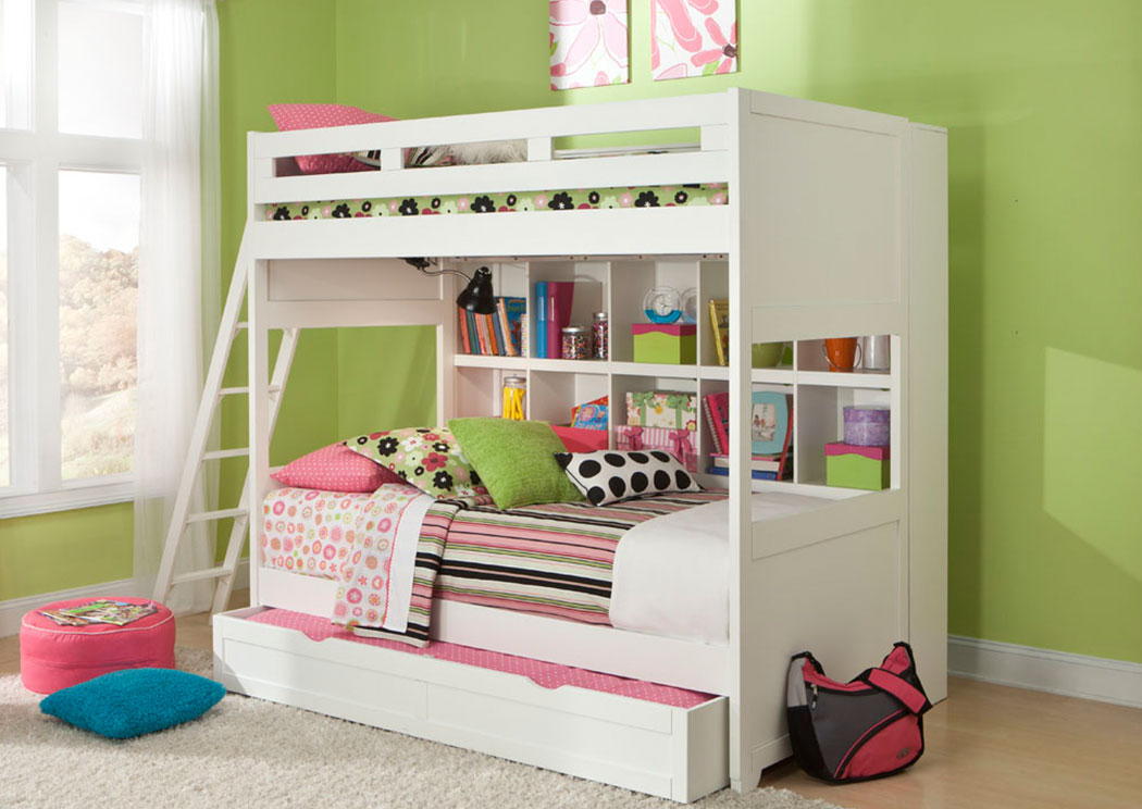 Smart Solutions White Twin Panel Bunk Bed w/ Trundle and Bookcase,AmericanWoodcrafters